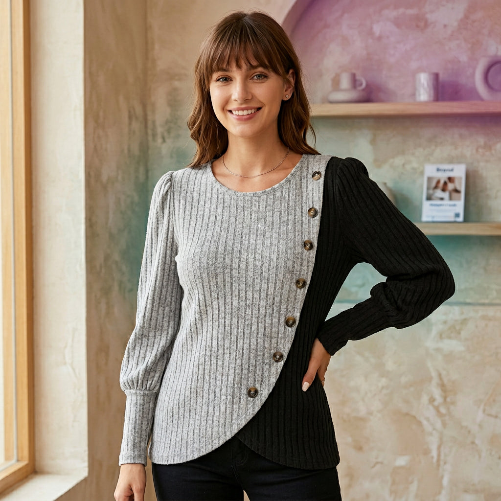 Suéter de mujer para otoño, manga larga con botones y diseño a rayas.